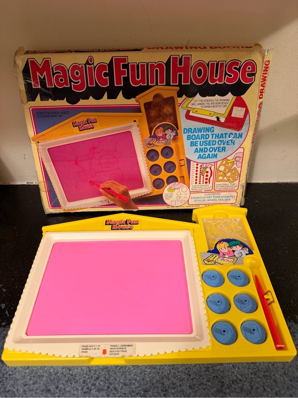Vintage 1980s Magic Fun House Kids Drawing Board with Stencils Pattern Stamps